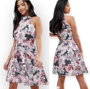 NWOT Asos Paper Dolls gray purple floral fit & flare racer back dress Womens 12